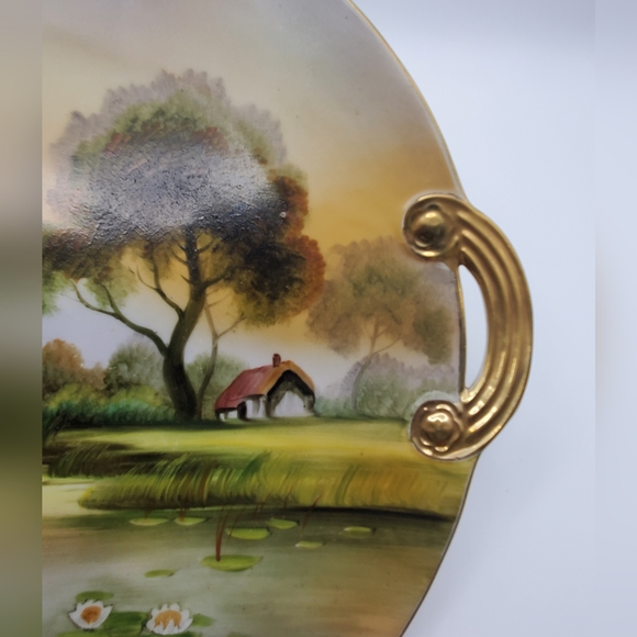 Noritake Hand Painted Porcelain Cake Plate Gilded Handled Lake Scene Platter - Picture 4 of 6